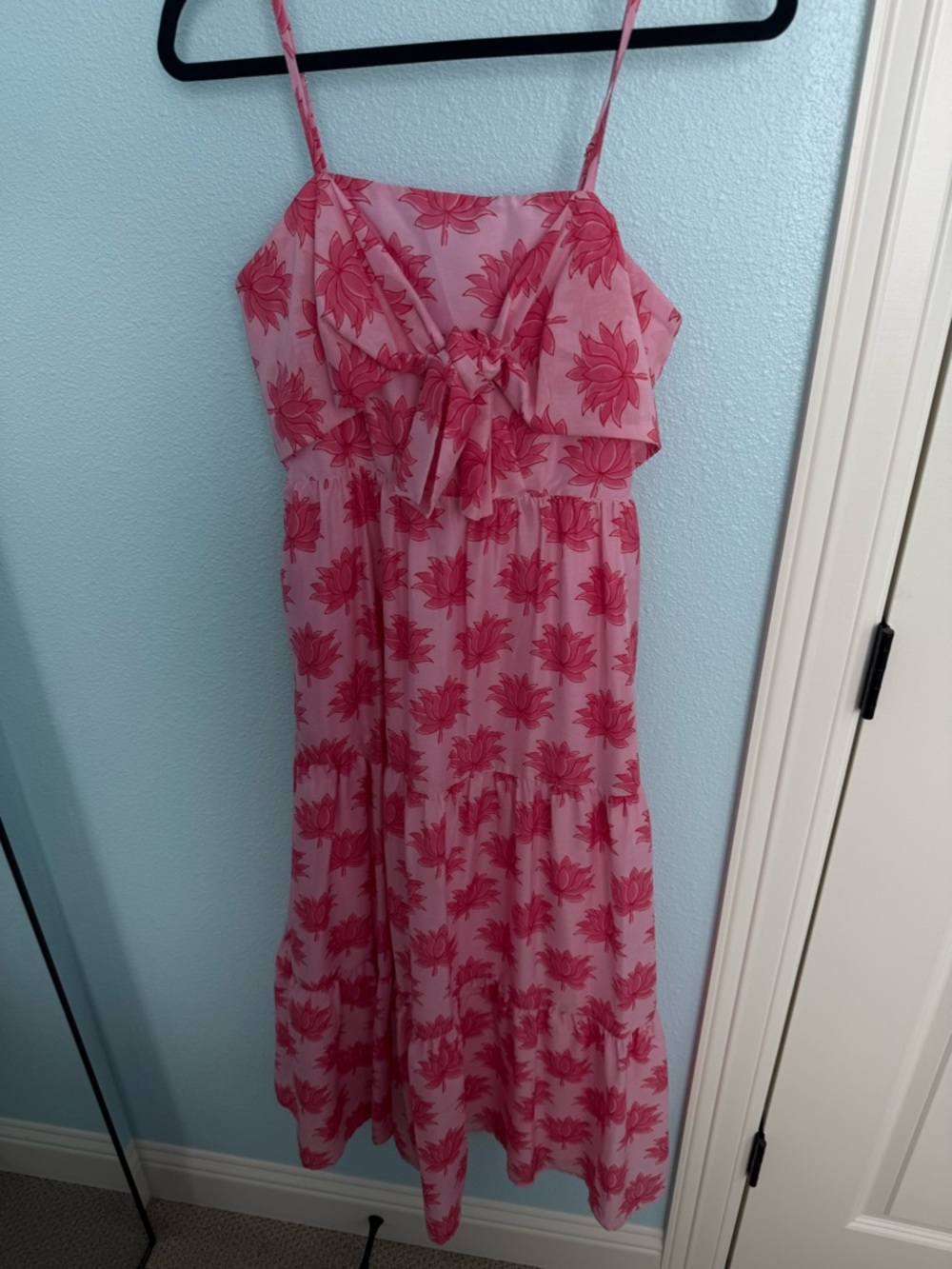 Pink Floral Midi Dress with Tie Front